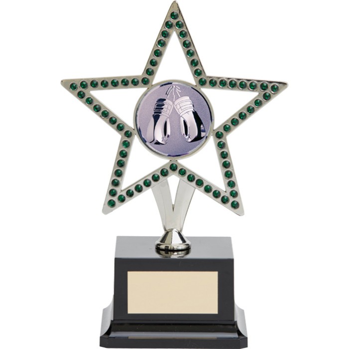 10'' SILVER METAL STAR WITH GREEN GEMSTONES - BOXING TROPHY 10'' SILVER METAL STAR WITH GREEN GEMSTONES - BOXING TROPHY